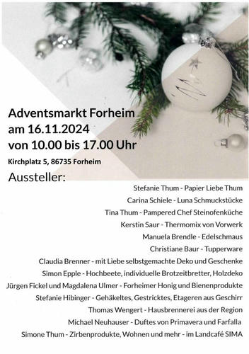 Einladung zum Adventsmarkt in Forheim am 16.11.2024.